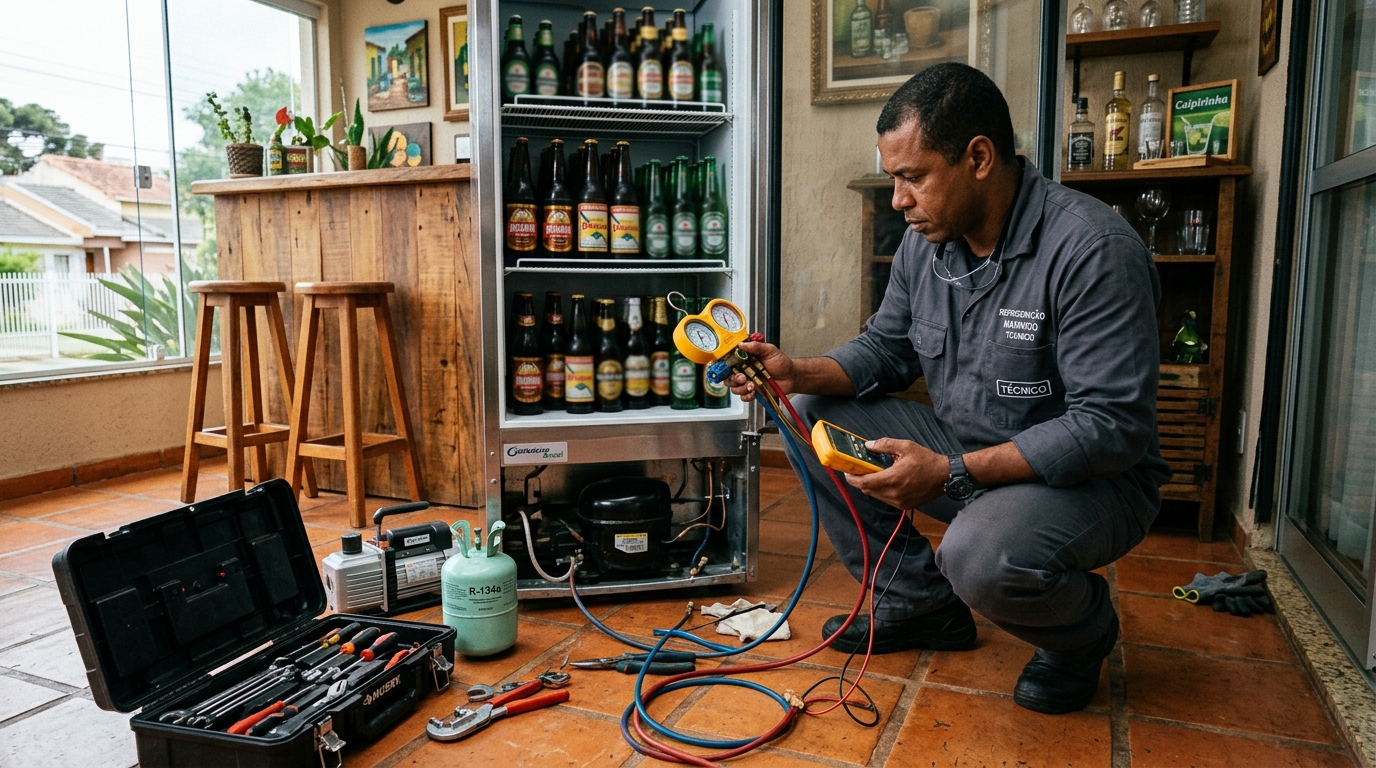 Técnico realizando manutenção de motor de cervejeira em Cotia‑SP