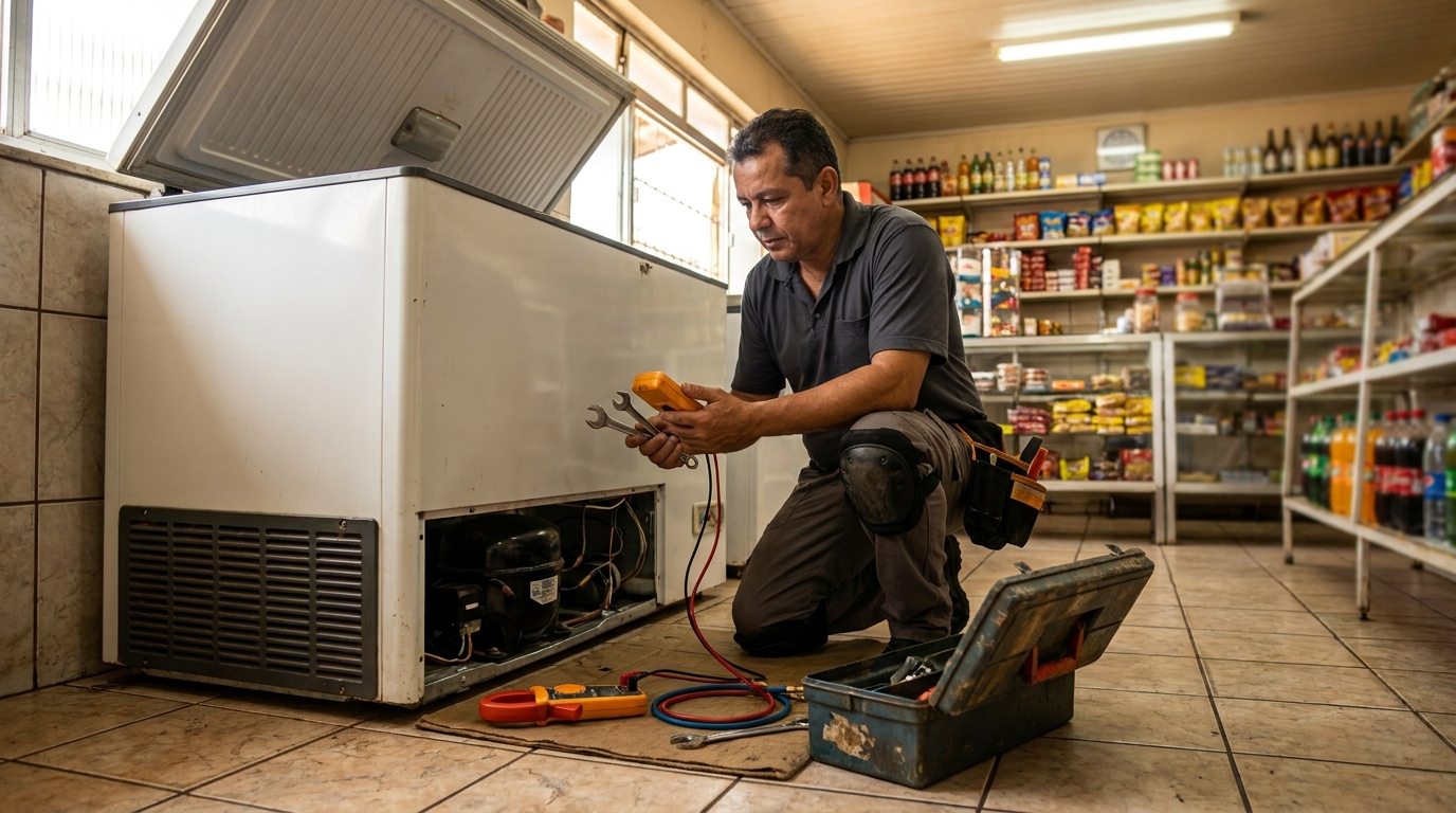 Técnico realizando manutenção de motor de freezer em Cotia‑SP