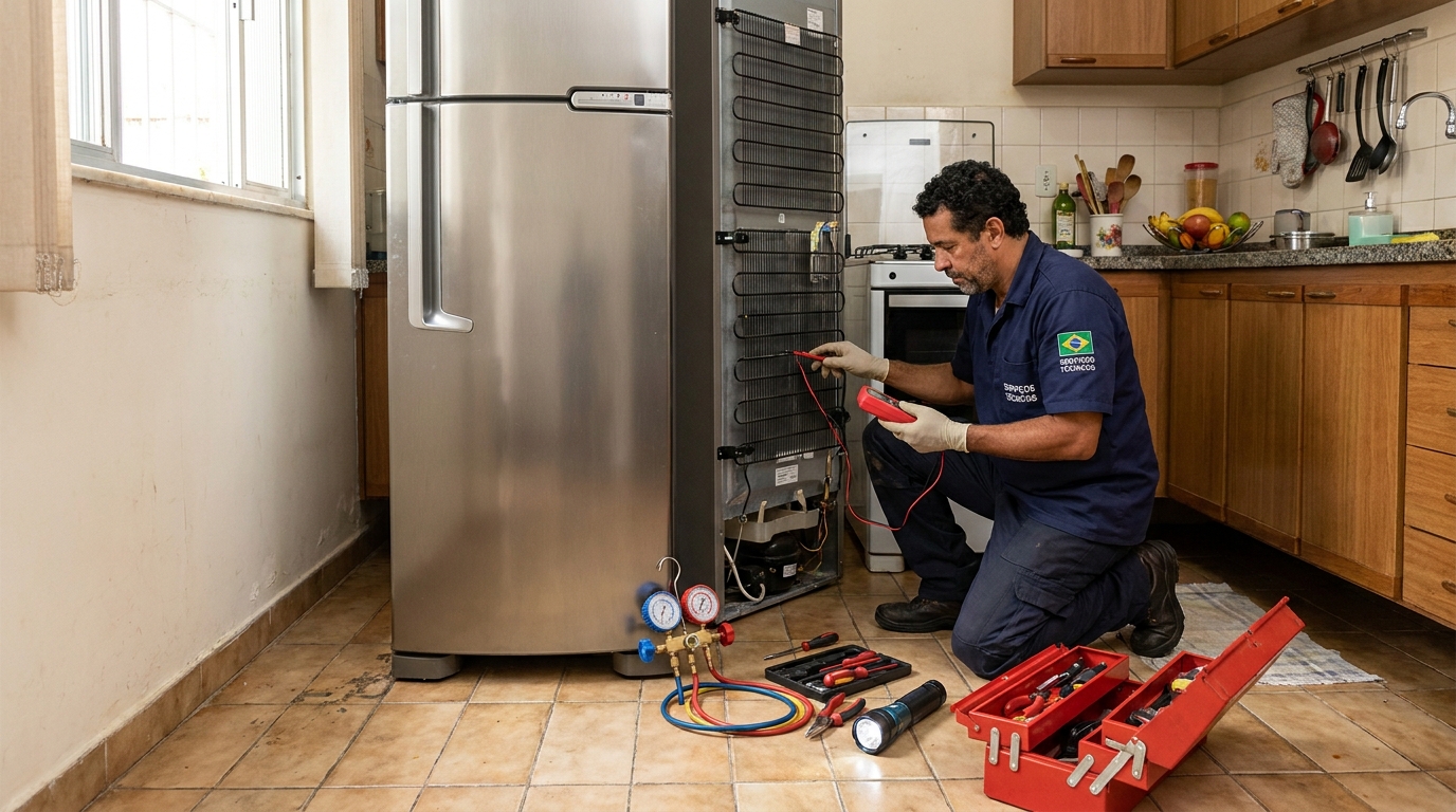 Técnico realizando manutenção de motor de geladeira em Cotia‑SP