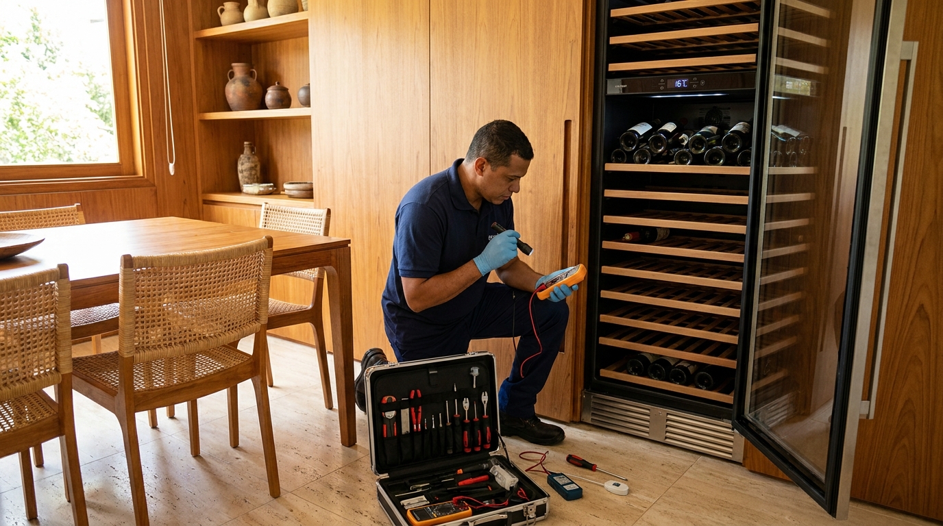 Troca de termostato de adega climatizada em atendimento técnico em Cotia‑SP