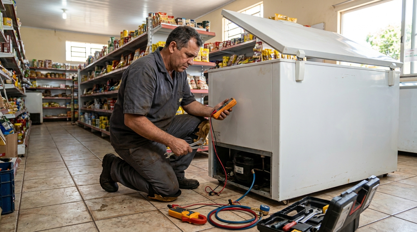 Troca de termostato de freezer em atendimento técnico em Cotia‑SP